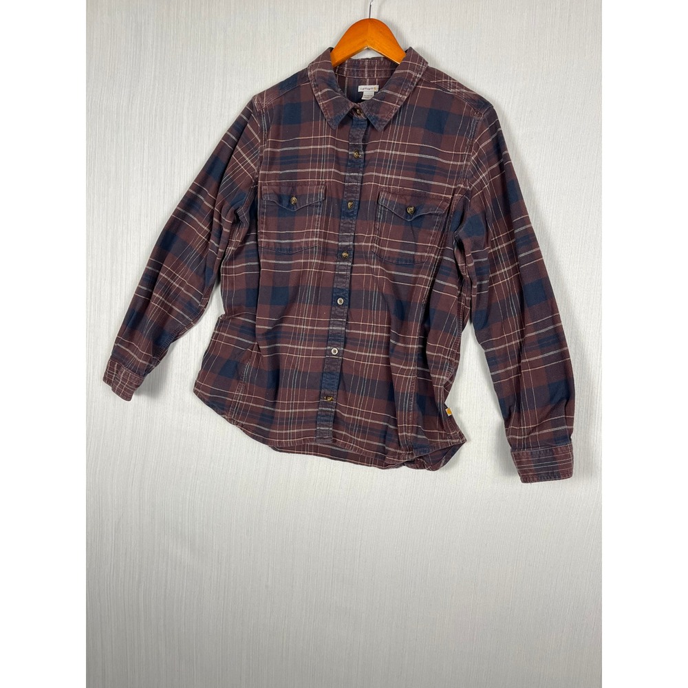 Carhartt‎ Flannel Button Down Womens XL Burgundy Navy Plaid Rugged Workwear